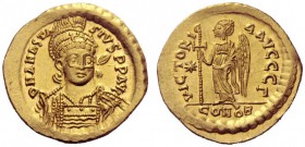 The Byzantine Empire   Anastasius, 11 April 491 – 1 July 518  Solidus 498-518, AV 4.45 g. D N ANASTA – SIVS PP AVG Helmeted, pearl-diademed and cuiras...