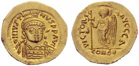 The Byzantine Empire   Justin I, 10 July 518 – 1 August 527  Solidus 518-519, AV 4.50 g. D N IVSTI – NVS PP AVG Helmeted, pearl-diademed and cuirassed...