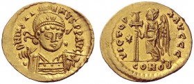 The Byzantine Empire   Justin I, 10 July 518 – 1 August 527  Solidus, Thessalonica 518-522, AV 4.44 g. D N IVSTI – NVS PP AVG Helmeted, pearl-diademed...