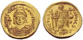 The Byzantine Empire   Justinian I, 1 August 527 – 14 November 565  Solidus 545-565, AV 4.45 g. D N IVSTINI – ANVS PP AVG Helmeted, pearl-diademed and...