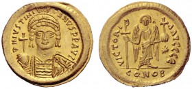 The Byzantine Empire   Justinian I, 1 August 527 – 14 November 565  Solidus 545-565, AV 4.43 g. D N IVSTINI – ANVS PP AVG Helmeted, pearl-diademed and...