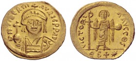 The Byzantine Empire   Maurice Tiberius, 15 August 582 – 25 November 602  Light weight solidus of 22 siliquae, Antiochia 582-602, AV 4.08 g. O N TIbER...