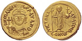 The Byzantine Empire   Maurice Tiberius, 15 August 582 – 25 November 602  Solidus, Carthago 588-589, AV 4.54 g. D N mAVRIT – b PP AV ANQ Cuirassed and...