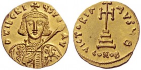 The Byzantine Empire   Tiberius III, Apsimar 698 - 705  Solidus 698-705, AV 4.48 g. D tIbERI – YS PE – AV Bearded and cuirassed bust facing, wearing c...