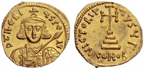 The Byzantine Empire   Tiberius III, Apsimar 698 - 705  Solidus 698-705, AV 4.30 g. D tIbERI – YS PE – AV Bearded and cuirassed bust facing, wearing c...