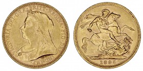 GRAN BRETAÑA
VICTORIA
Soberano. AV. 1895 M. Melburne. 7,99 g. KM.13. Conserva restos de brillo. EBC