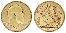 GRAN BRETAÑA
EDUARDO VII
Soberano. AV. 1910 P. Perth. 8,00 g. KM.15. Golpecitos en canto, si no EBC/EBC+