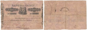 BANCO DE CÁDIZ
500 Reales de Vellón. 25 Julio 1847 (fecha R.O.). I emisión, fecha a mano. Con sello en seco y tampones en rev. ED.A68. MBC-