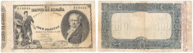 BANCO DE ESPAÑA
100 Pesetas. 1 Octubre 1886. Goya. Falso de época. Papel más grueso. ED.B78F. Restaurado, si no MBC. Escaso