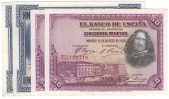 GUERRA CIVIL-ZONA REPUBLICANA, BANCO DE ESPAÑA
Lote de 4 billetes. 100 Pesetas 1925 (Pareja correlativa, serie E), 50 Pesetas 1928 (Pareja correlativ...