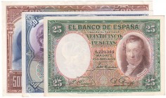 GUERRA CIVIL-ZONA REPUBLICANA, BANCO DE ESPAÑA
Lote de 3 billetes. 25 Abril 1931. 25, 50 y 500 Pesetas. Sin serie. EBC