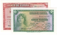 GUERRA CIVIL-ZONA REPUBLICANA, BANCO DE ESPAÑA
Lote de 2 billetes. 5 y 10 Pesetas. Emisión 1935. Serie B. ED.C14A/15A. SC