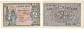 ESTADO ESPAÑOL, BANCO DE ESPAÑA
2 Pesetas. Burgos, 30 Abril 1938. Serie D. ED.D30A. Arrugas, si no EBC