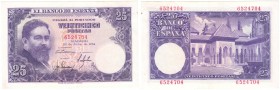 ESTADO ESPAÑOL, BANCO DE ESPAÑA
25 Pesetas. 22 Julio 1954. Sin serie. ED.D68. Ligeramente planchado, si no EBC