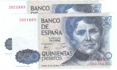 JUAN CARLOS I. BANCO DE ESPAÑA
500 Pesetas. 23 Octubre 1979. Sin serie. Pareja correlativa. ED.E2. SC