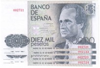 JUAN CARLOS I. BANCO DE ESPAÑA
10000 Pesetas. 24 Septiembre 1985. Sin serie. Lote de 4 billetes correlativos. Numeraciones bajas. ED.E7. SC