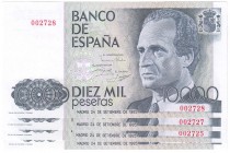 JUAN CARLOS I. BANCO DE ESPAÑA
10000 Pesetas. 24 Septiembre 1985. Sin serie. Lote de 4 billetes correlativos. Numeraciones bajas. ED.E7. SC