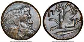 CIMMERIAN BOSPORUS. Panticapaeum. 4th century BC. AE (21mm, 12h). NGC XF. Head of bearded Pan right / Π-A-N, forepart of griffin left, sturgeon left b...