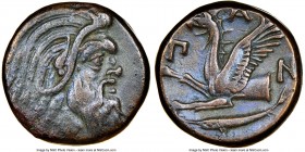 CIMMERIAN BOSPORUS. Panticapaeum. 4th century BC. AE (19mm, 12h). NGC VF. Head of bearded Pan right / Π-A-N, forepart of griffin left, sturgeon left b...