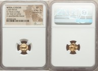 MYSIA. Cyzicus. Ca. 500-450 BC. EL sixth-stater or hecte (11mm, 2.66 gm). NGC XF 4/5 - 5/5. Boar standing left on tunny left / Quadripartite incuse sq...