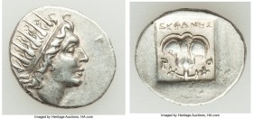 CARIAN ISLANDS. Rhodes. Ca. 88-84 BC. AR drachm (16mm, 2.47 gm, 11h). Choice XF. Plinthophoric standard, Euphanes, magistrate. Radiate head of Helios ...