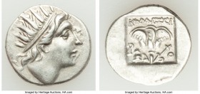 CARIAN ISLANDS. Rhodes. Ca. 88-84 BC. AR drachm (16mm, 2.59 gm, 12h). AU. Plinthophoric standard, Callixei(nos), magistrate. Radiate head of Helios ri...