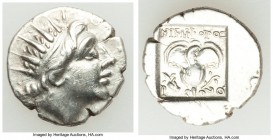 CARIAN ISLANDS. Rhodes. Ca. 88-84 BC. AR drachm (15mm, 2.32 gm, 12h). AU. Plinthophoric standard, Nicephorus, magistrate. Radiate head of Helios right...
