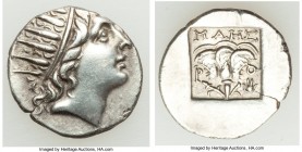 CARIAN ISLANDS. Rhodes. Ca. 88-84 BC. AR drachm (16mm, 2.40 gm, 12h). XF. Plinthophoric standard, Maes, magistrate. Radiate head of Helios right / MAH...