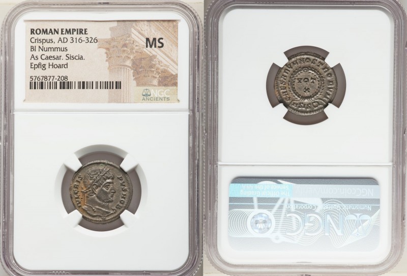 Crispus (AD 316-326). AE3 or BI nummus (19mm, 6h). NGC MS. Siscia, 1st officina,...