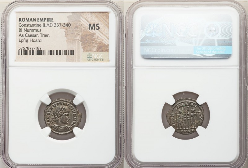 Constantine II, as Caesar (AD 337-340). AE3 or BI nummus (18mm, 12h). NGC MS. Tr...