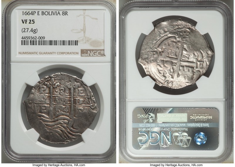 Philip IV Cob 8 Reales 1664 P-E VF25 NGC, Potosi mint, KM21. 39mm. 27.4gm. 

H...