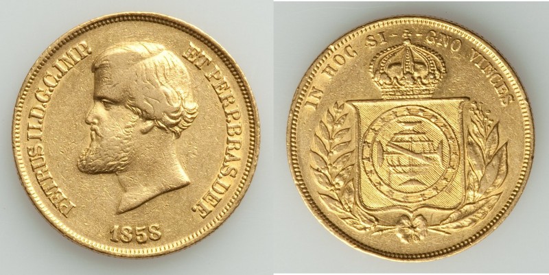 Pedro II gold 10000 Reis 1858 XF, KM467. 22.7mm. 8.96gm. AGW 0.2643 oz. 

HID0...