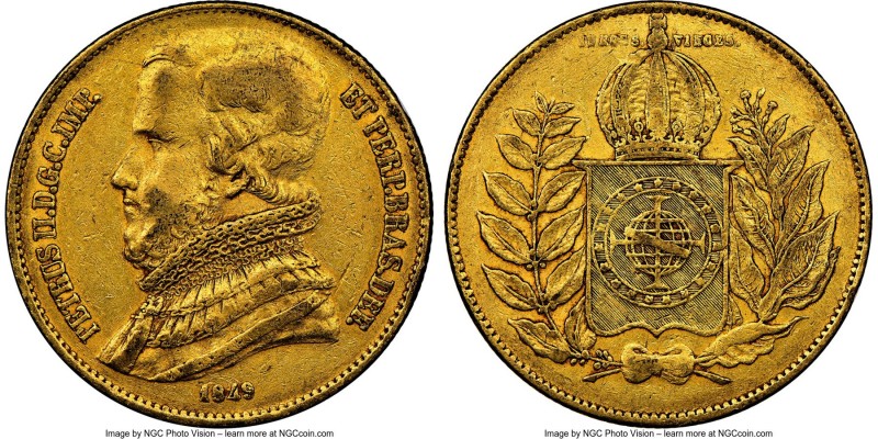 Pedro II gold 20000 Reis 1849 XF45 NGC, Rio de Janeiro mint, KM461. Mintage: 6,4...