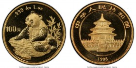People's Republic gold "Small Date" Panda 100 Yuan (1 oz) 1998 MS69 PCGS, KM1130, PAN-303A. Mintage: 20,507. Gem example of this one year type. AGW 0....