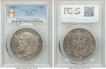 Baden. Friedrich I 5 Mark 1891-G XF40 PCGS, Karlsruhe mint, KM268. Scarce variety with inverted V for A in Baden (Not noted on holder). 

HID0980124...