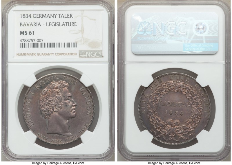 Bavaria. Ludwig I Taler 1834 MS61 NGC, Munich mint, KM-A765. Provincial Legislat...