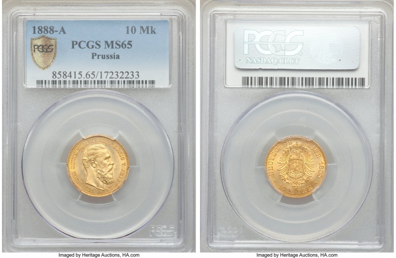 Prussia. Friedrich III gold 10 Mark 1888-A MS65 PCGS, Berlin mint, KM514. AGW 0....