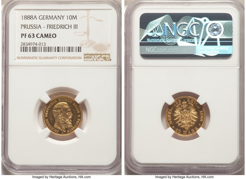 Prussia. Friedrich III gold Proof 10 Mark 1888-A PR63 Cameo NGC, Berlin mint, KM...