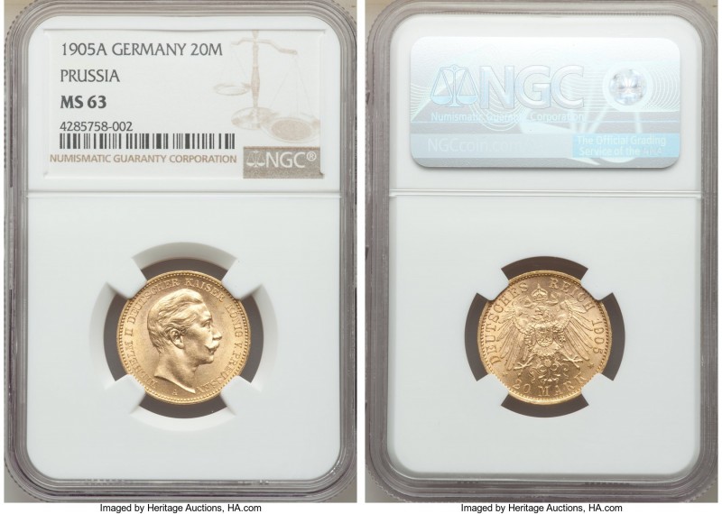 Prussia. Wilhelm II gold 20 Mark 1905-A MS63 NGC, Berlin mint, KM521. Conservati...