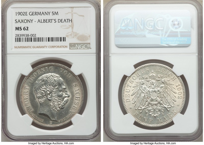 Saxony. Georg 5 Mark 1902-E MS62 NGC, Muldenhutten mint, KM1256. Issued for the ...