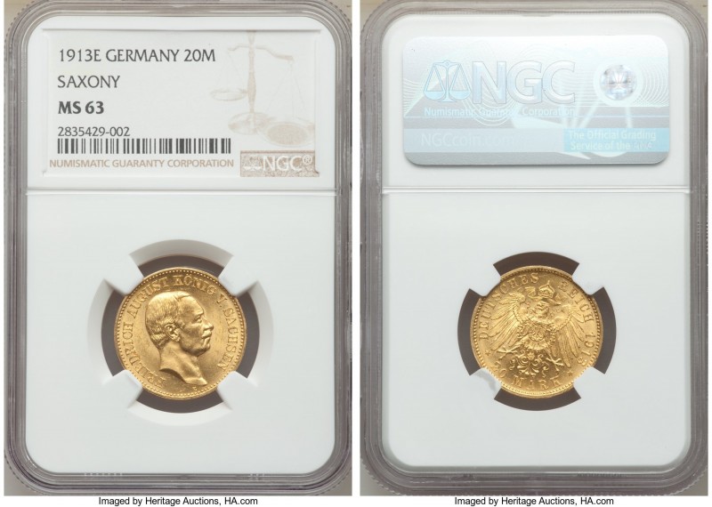 Saxony. Friedrich August III gold 20 Mark 1913-E MS63 NGC, Muldenhutten mint, KM...