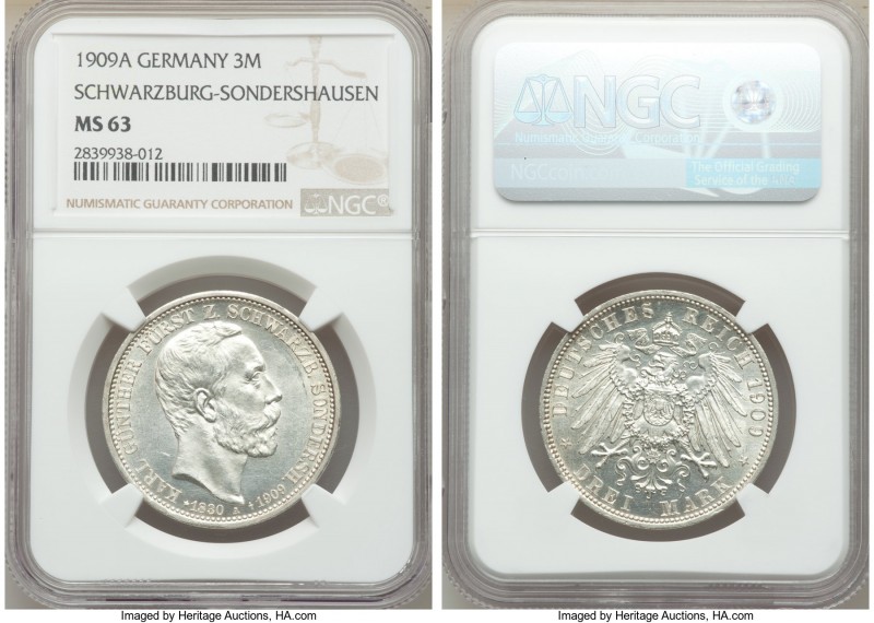 Schwarzburg-Sondershausen. Karl Günther 3 Mark 1909-A MS63 NGC, Berlin mint, KM1...