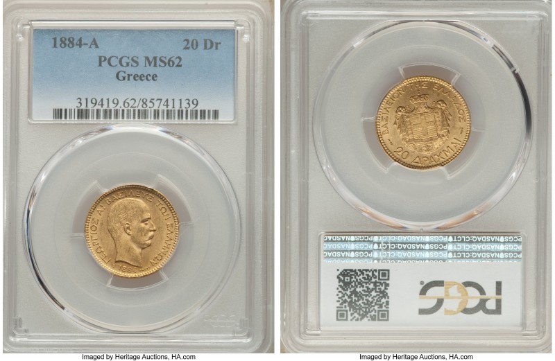 George I gold 20 Drachmai 1884-A MS62 PCGS, Paris mint, KM56. AGW 0.1867 oz. 
...