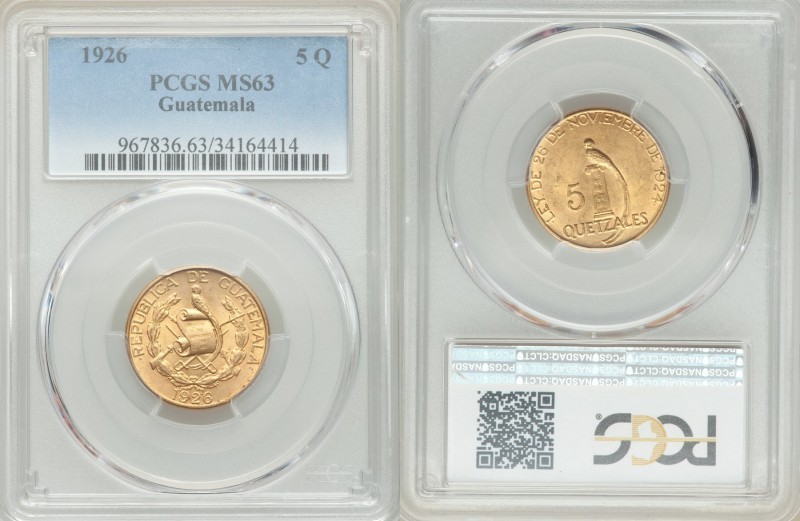 Republic gold 5 Quetzales 1926-(P) MS63 PCGS, Philadelphia mint, KM244. One year...