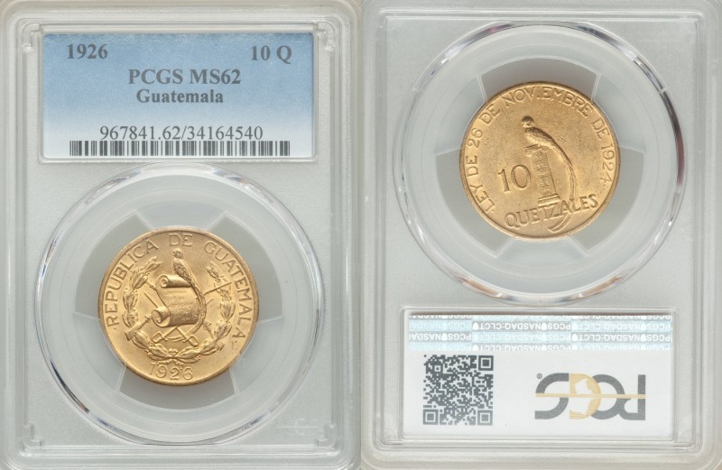 Republic gold 10 Quetzales 1926-(P) MS62 PCGS, Philadelphia mint, KM245. Mintage...