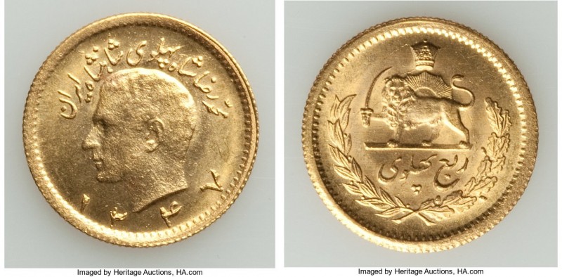 Muhammad Reza Pahlavi gold 1/4 Pahlavi SH 1347 (1968) UNC, KM1160a. 16.3mm. 2.05...