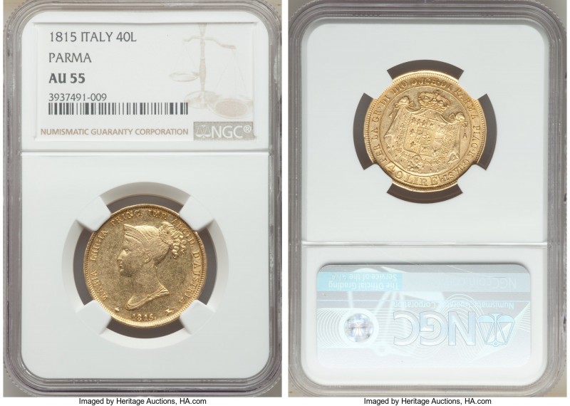 Parma. Maria Luigia (Marie Louise) gold 40 Lire 1815 AU55 NGC, KM-C32. First yea...