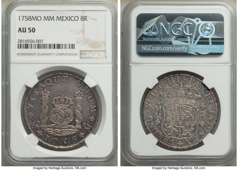 Ferdinand VI 8 Reales 1758 Mo-MM AU50 NGC, Mexico City mint, KM104.2. 

HID098...