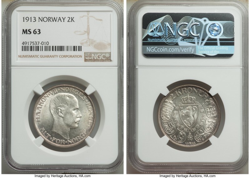 Haakon VII 2 Kroner 1913 MS63 NGC, Kongsberg mint, KM370.

HID09801242017

©...