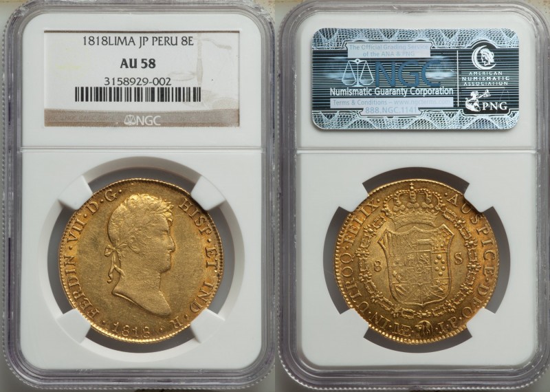 Ferdinand VII gold 8 Escudos 1818 LM-JP AU58 NGC, Lima mint, KM129.1. Lustrous, ...